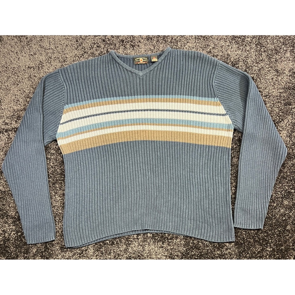 Vintage American Eagle Ribbed‎ Striped Sweater Blue Brown Knit Size XXL
